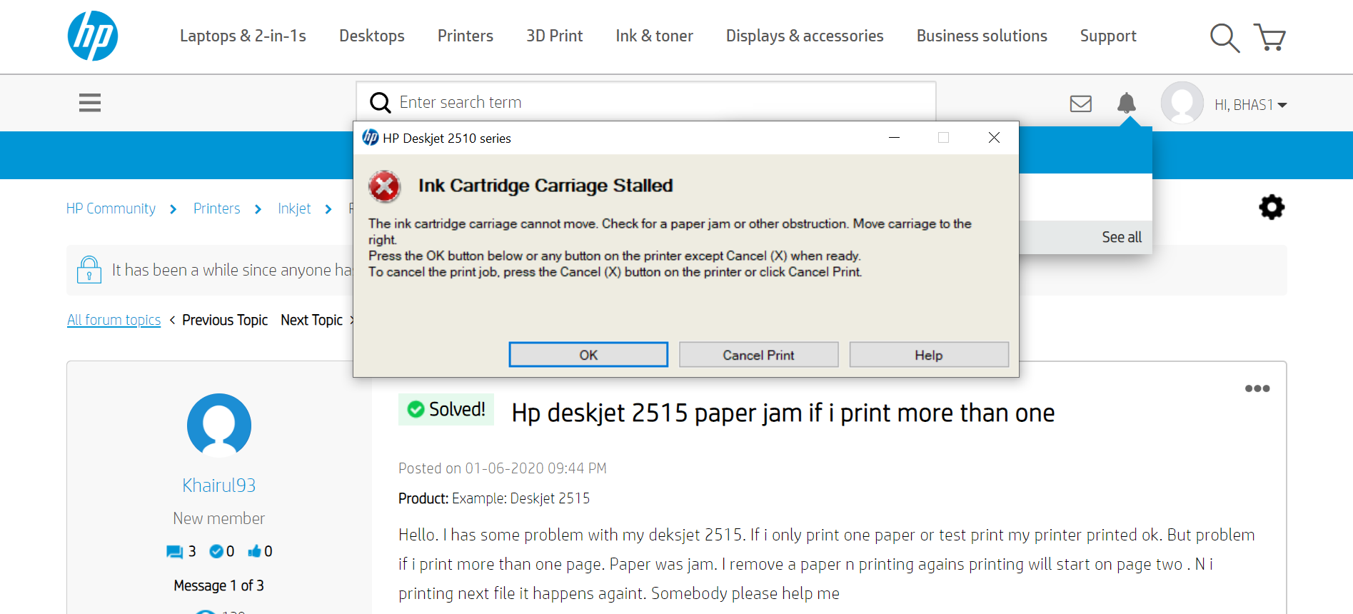 HP deskjet Ink advantage 2515 ink cartridge carriage stalled HP