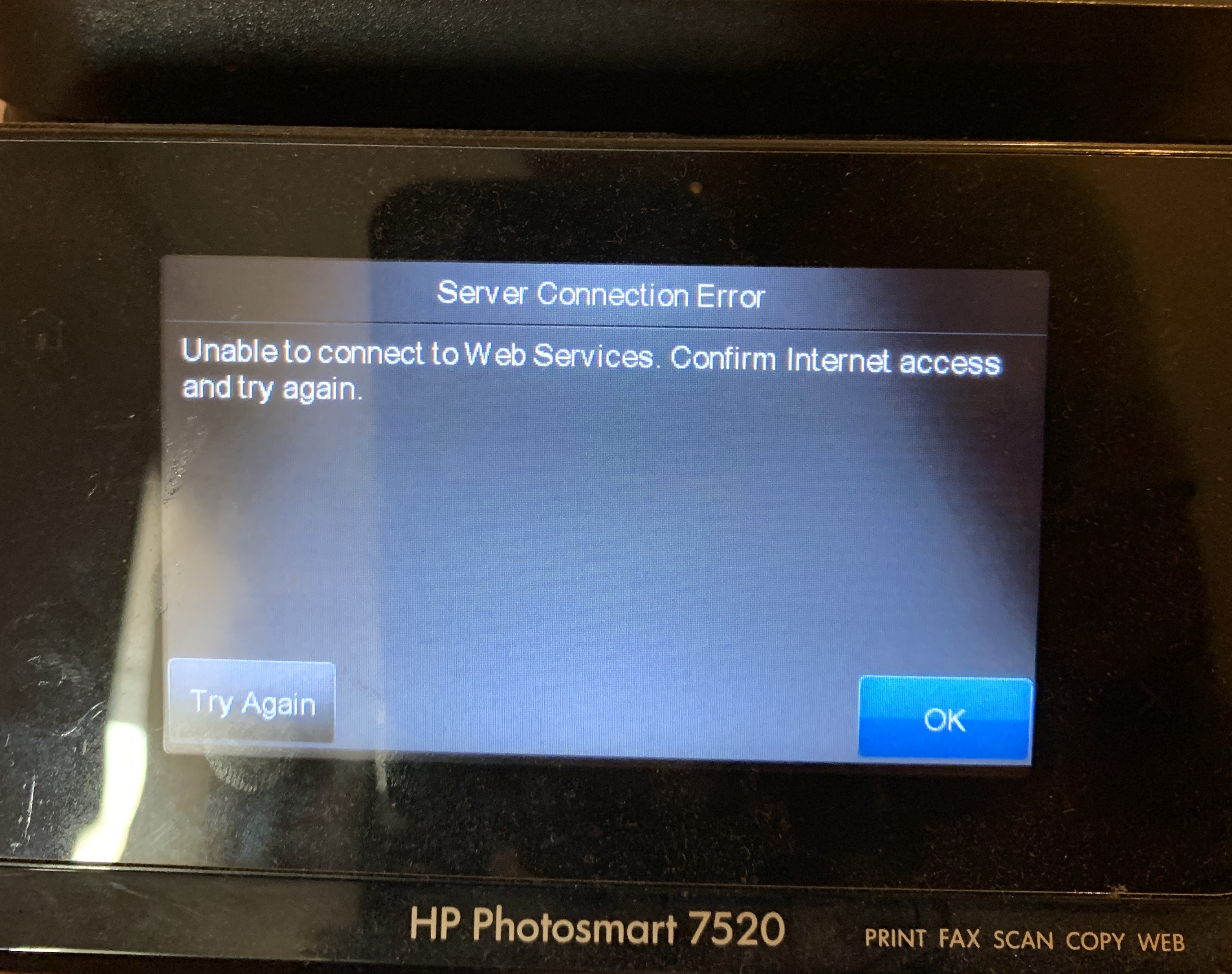 Rusland virkningsfuldhed komfort Solved: HP Photosmart 7520 "Server Connection Error" - HP Support Community  - 7543231