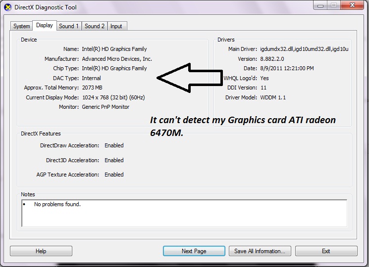 " dxdiag " can't find my graphics card ATI 6470M in HP G6 11... - HP Support Forum - 1396277