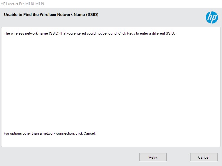 Printer cant find wifi (SSID) Laser Jet Pro M118dw HP Support