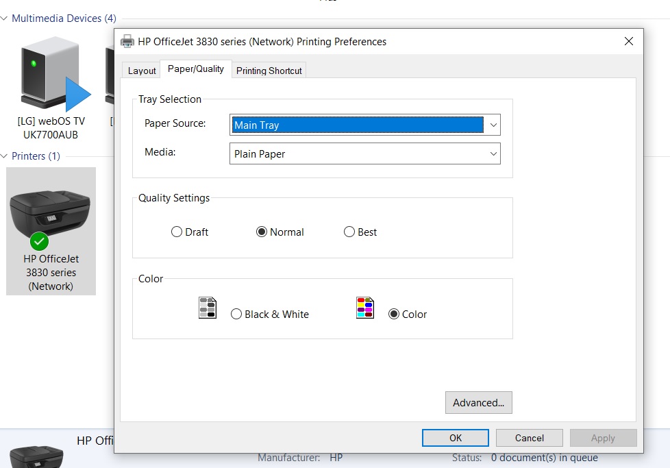 HP OfficeJet 3830 has not option to print in color. - HP Support