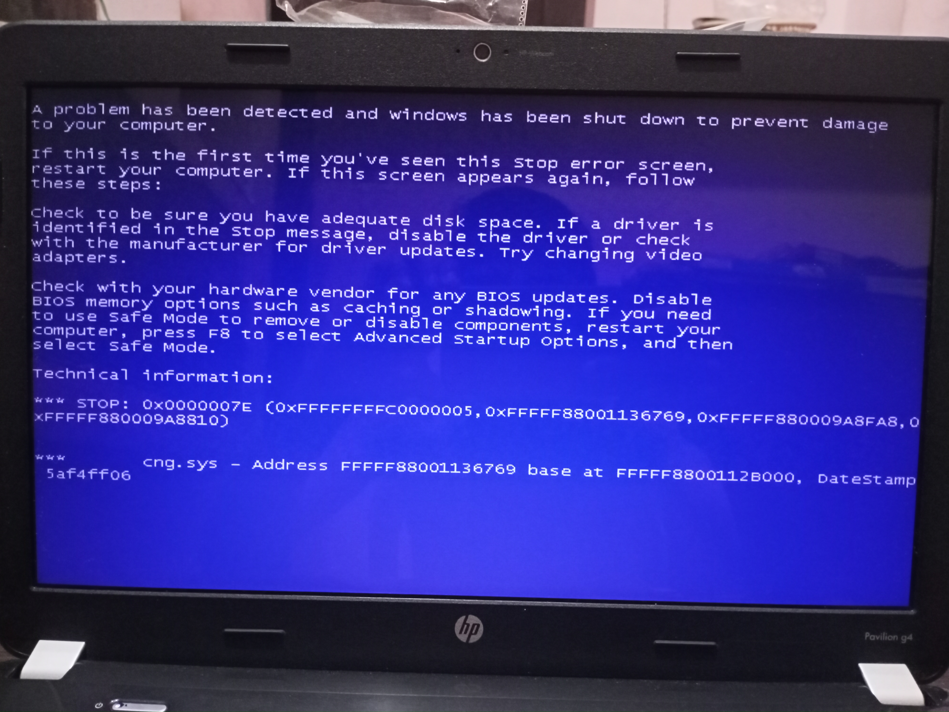 stop error screen windows 7