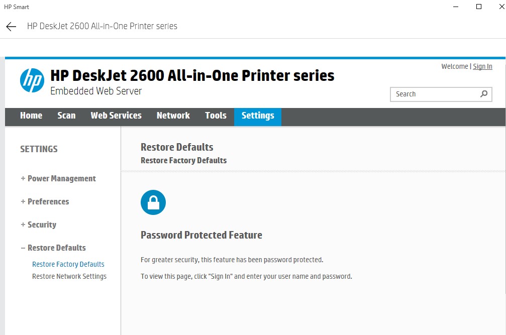 hp deskjet 2622 password
