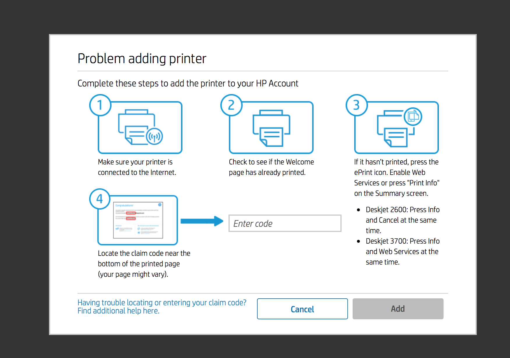 find claim code on hp printer
