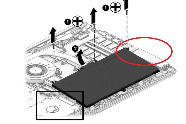 M.2 SSD in red circle; HDD bay in black square