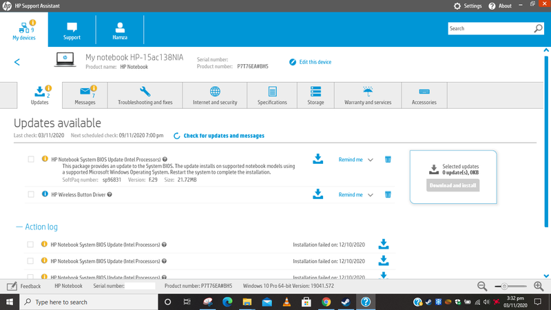Full screen screenshot of HP support assistant