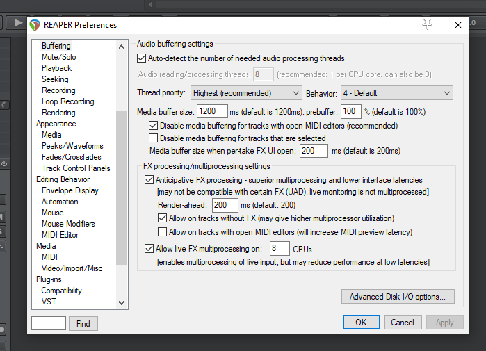 Reaper CPU Core Settings