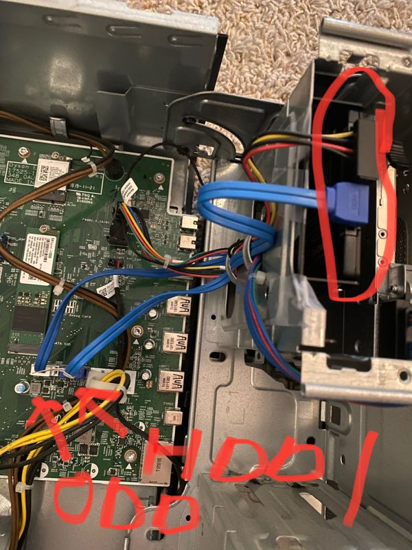 Here I labeled the SSD I bought and the 2 closest L shaped SATA plugs, one labeled HDD1 which is what i plugged it into and one labeled ODD which I am assuming is for the DVD drive?