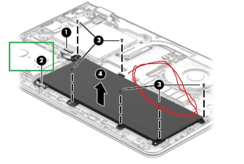 hard drive in green square M.2 circled in red