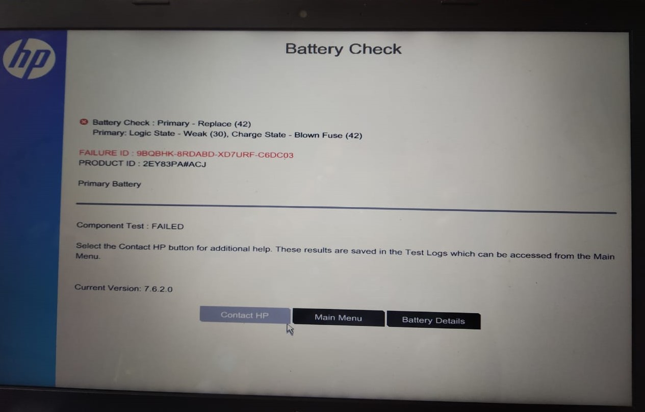 Laptop battery not getting charged. Battery check finds 'blo... HP