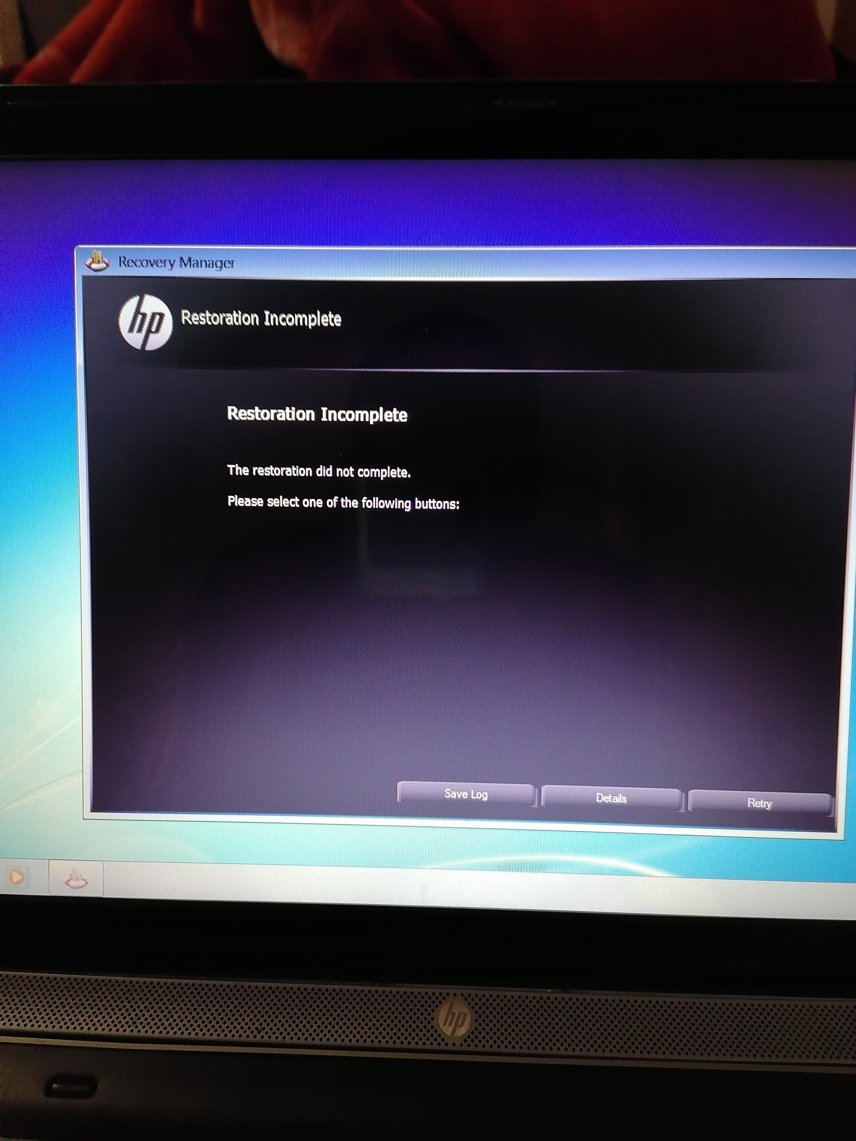 Restoration incomplete - HP Support Community - 7922765