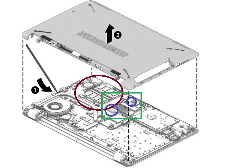 Memory in red circle. M.2 slot in green square