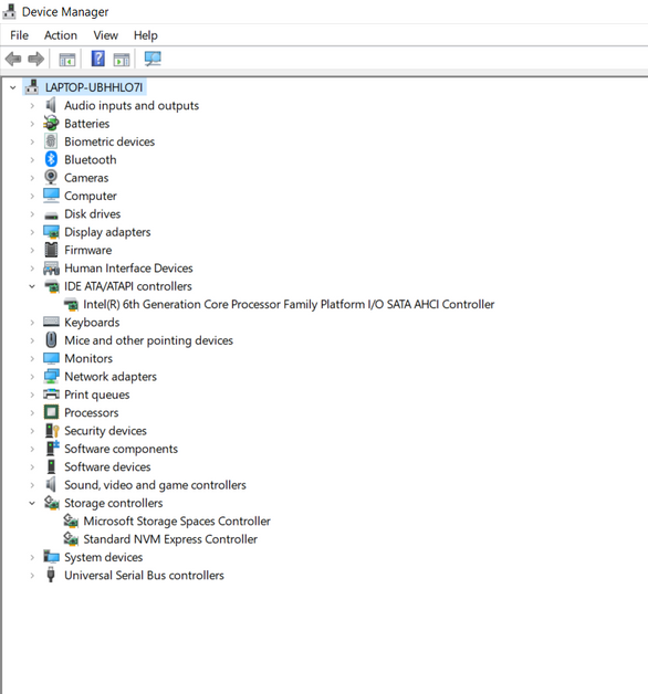 Screenshot of Device Manager. Available IDE ATA/ATAPI and storage controllers
