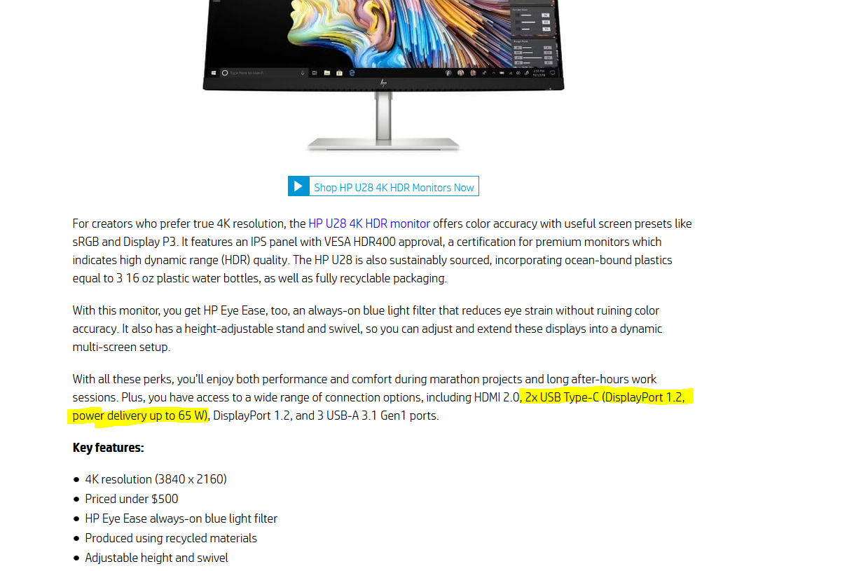 hp u28 4k hdr monitor support daisy chain? - HP Support Community