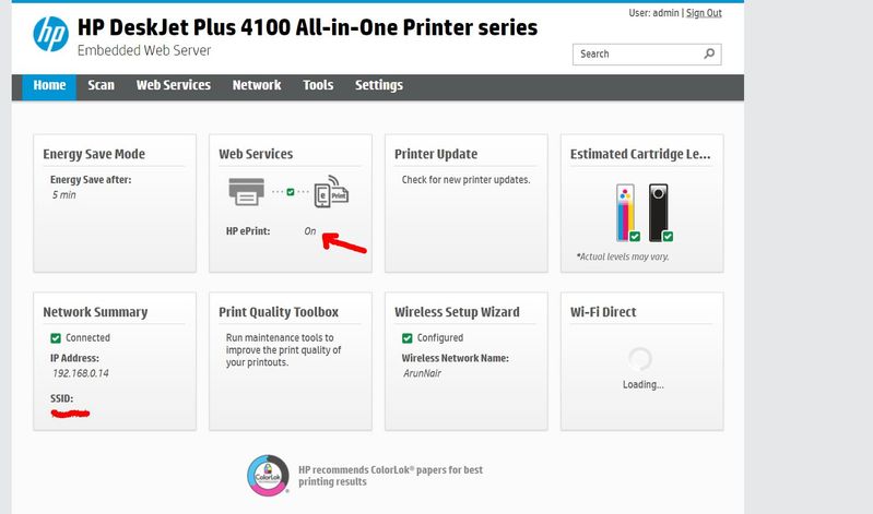 Web Services section in home page of printer