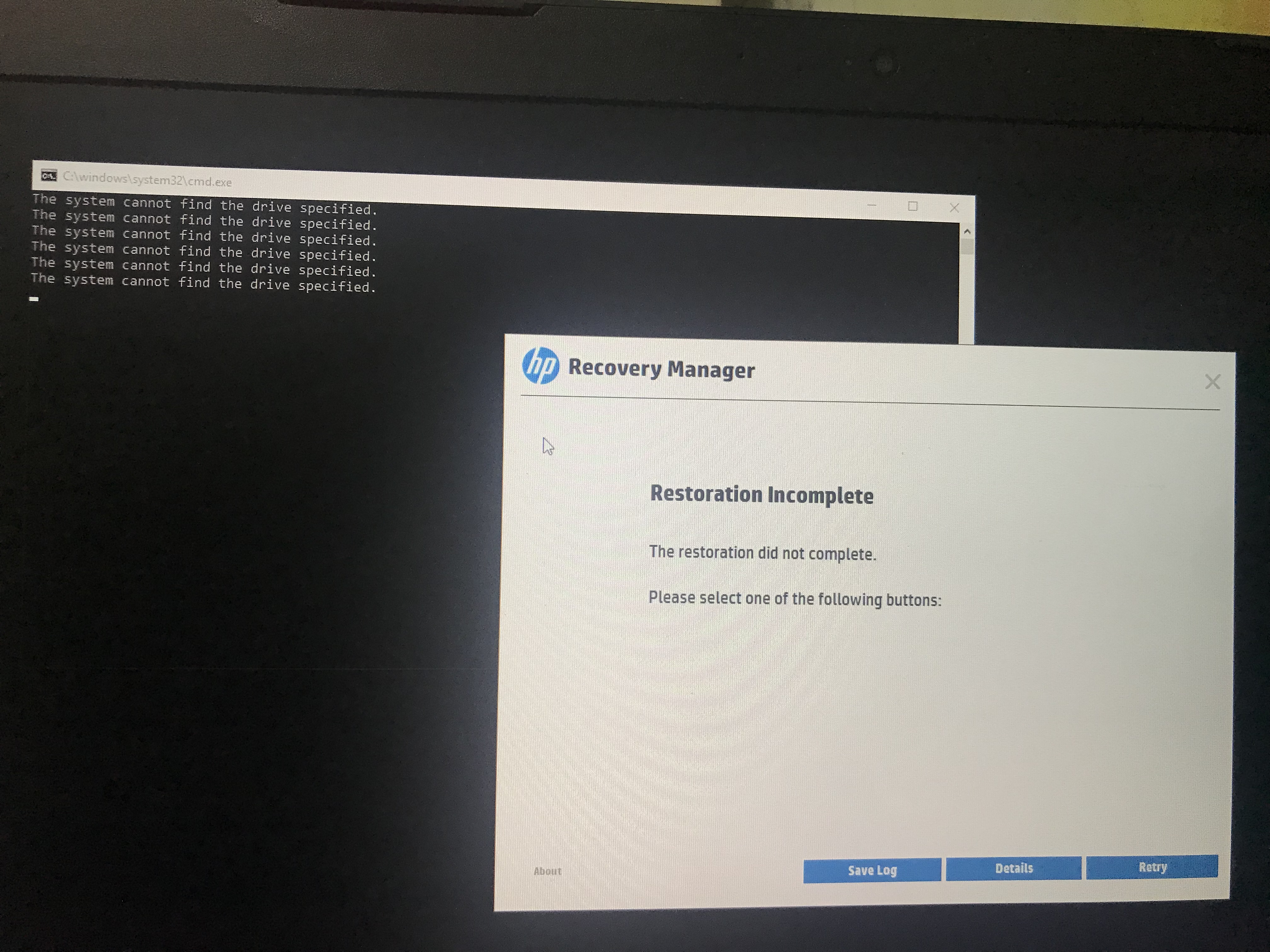 Restoration Incomplete - HP Support Community - 8137634