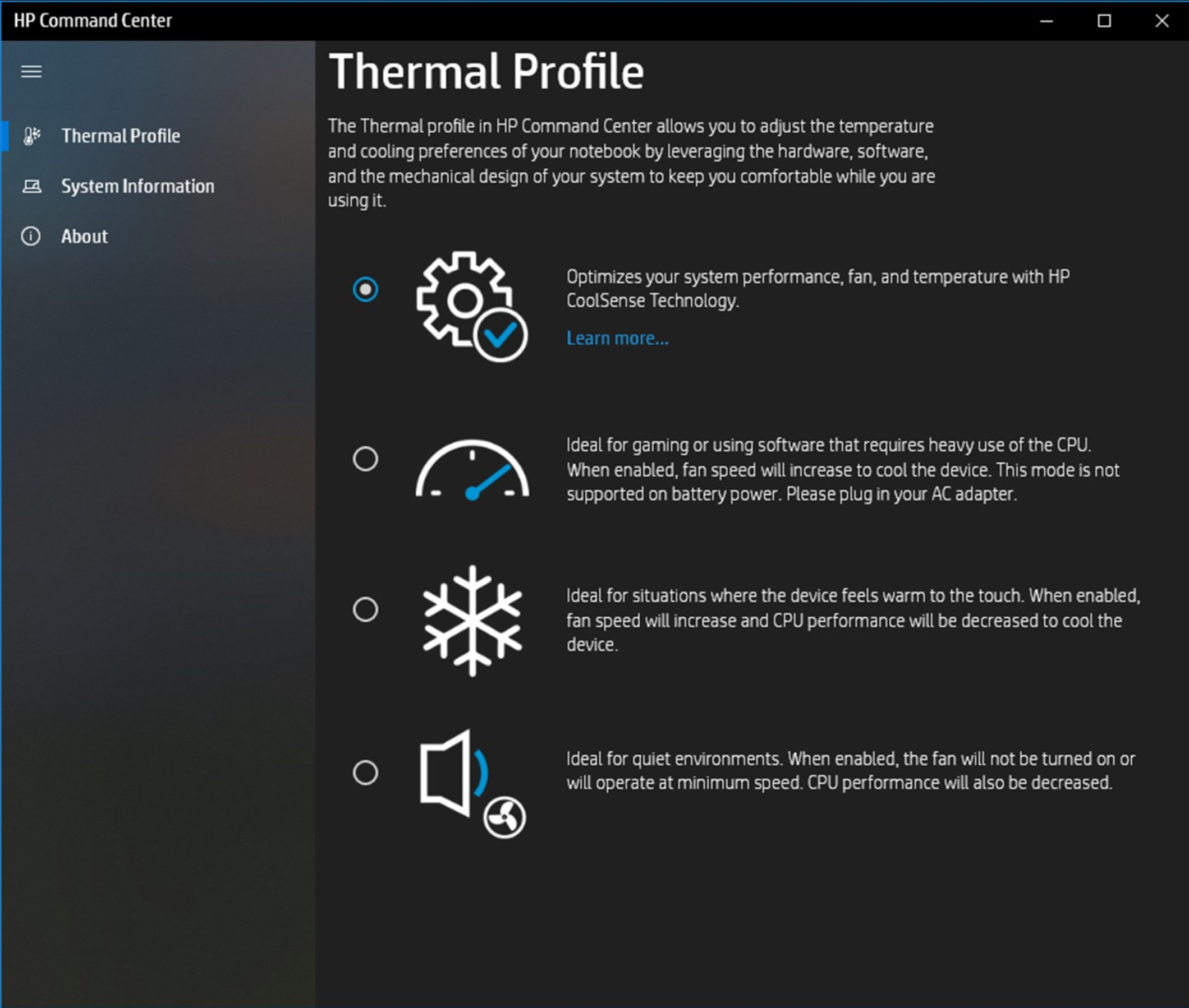 Hp command center in envy 15 not showing thermal profile opt hp