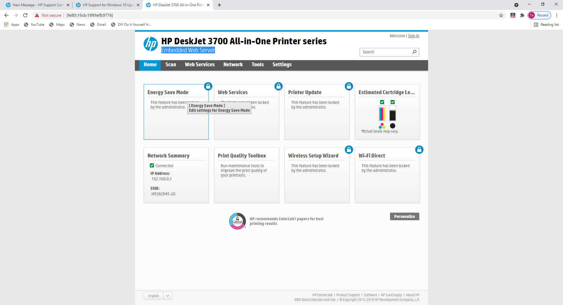 HP DeskJet 3762 During set up Embedded Web Server services ... - HP ...