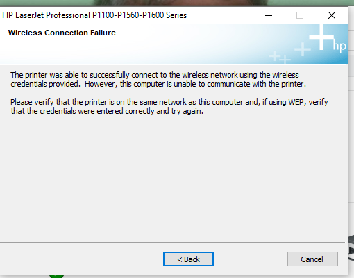 P1102w Wireless Connection Failure - HP Support Community - 8160370