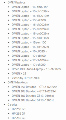 OMEN Laptop 17t-cb000  not shown in this list from 3rd party media outlet XDA Developers, however OMEN Laptop  17t-cb100 (10th gen Intel® Core™ systems) is displayed.