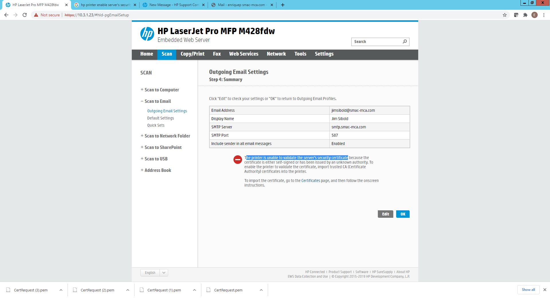 he printer is unable to validate the server’s security certi... HP
