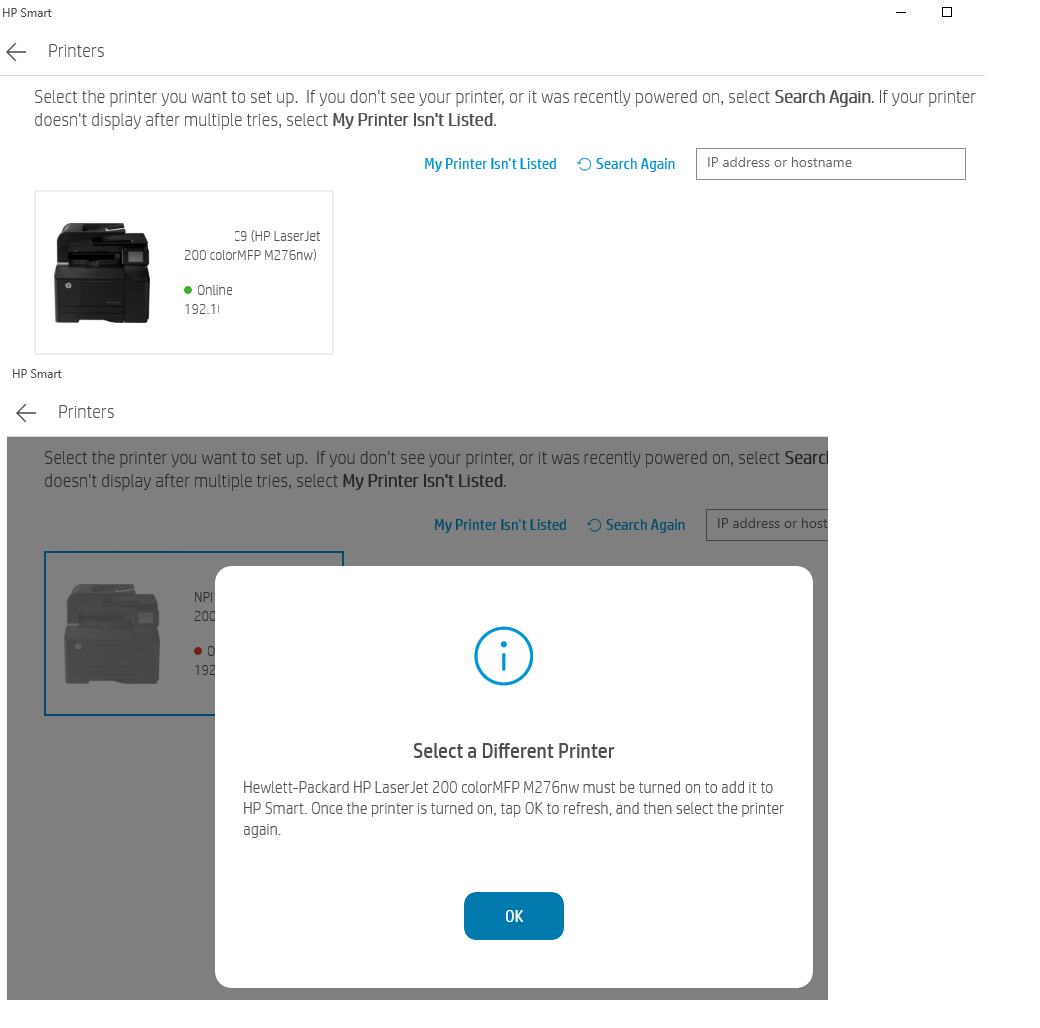 HP Smart says printer is online, then offline when you click... HP