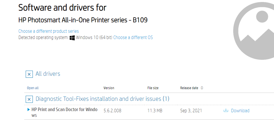 Photosmart B109 "driver is but no to download on hp support