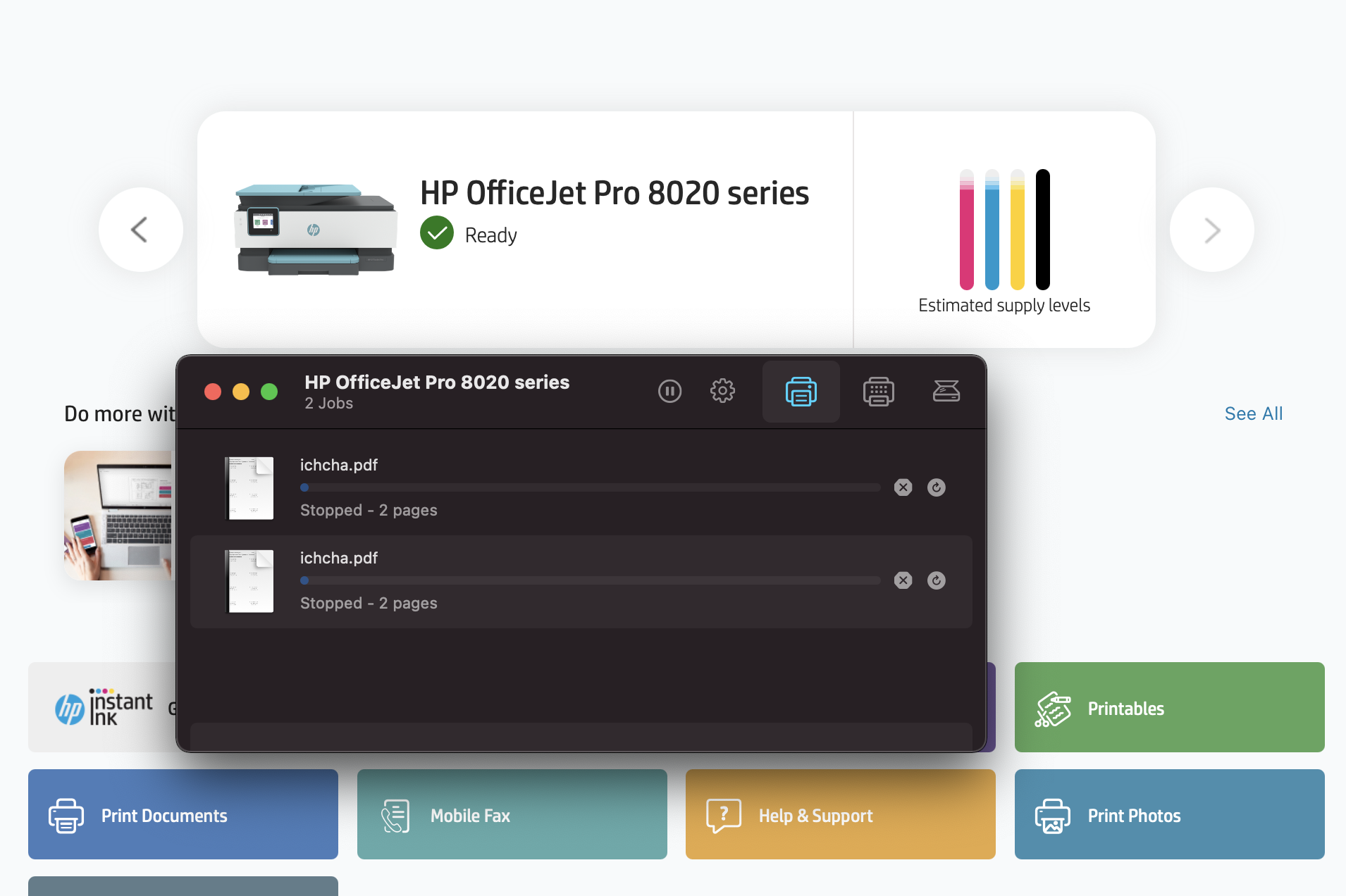HP office Jet pro 8020 all in one scanning, showing Ready, b... HP