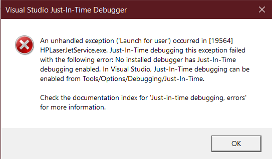 JIT (Just-in-time debugging visual studio error) while insta... - HP  Support Community - 8292348