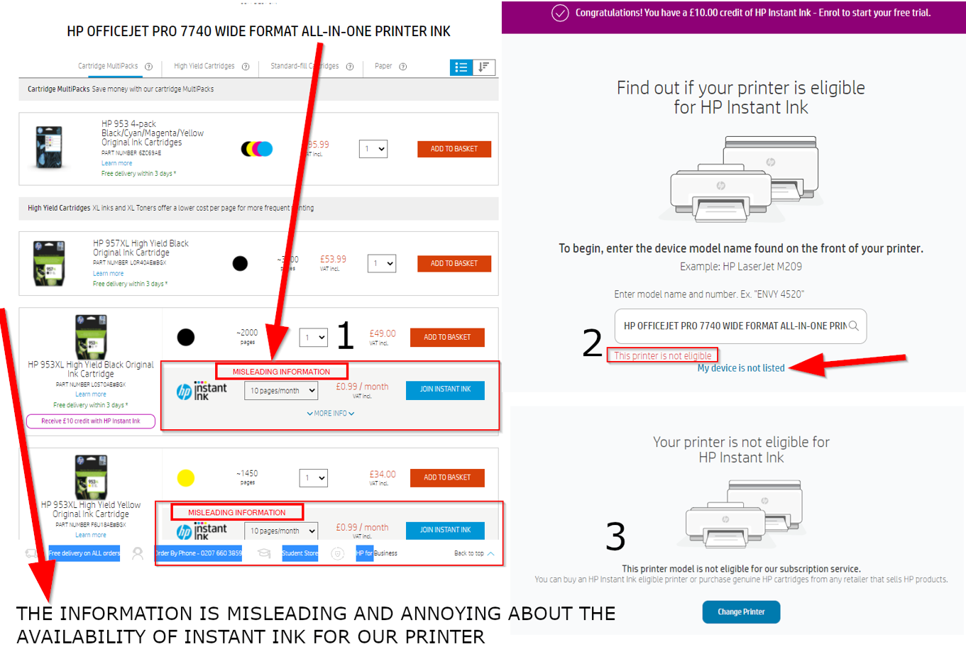 Misleading InstantInk Information for HP OfficeJet Pro 7740 HP
