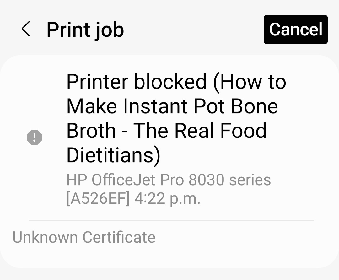 Android printer blocked ocean error unknown certificate HP Support