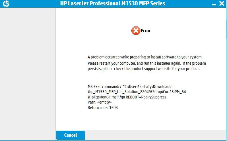 HP LaserJet M1530 MFP Error Code 1603 - HP Support Community - 8354444