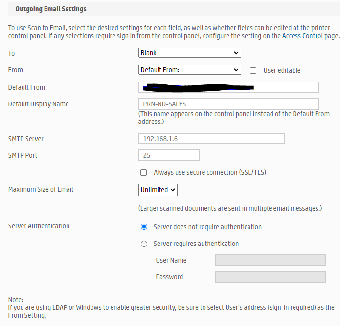 hp printer scan to email smtp server