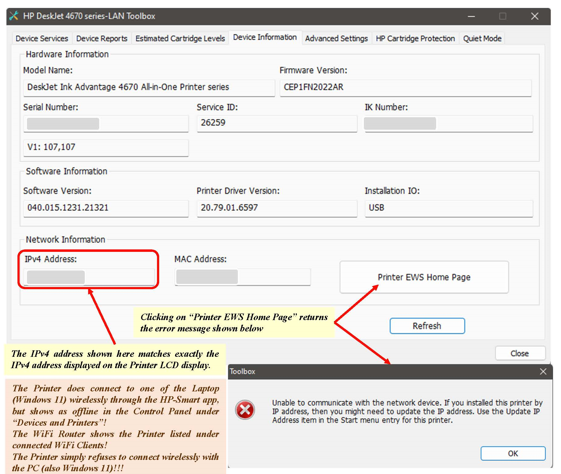 Cannot connect wirelessly to HP Printer Deskjet IA 4675 - HP Support ...