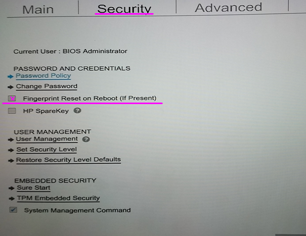 BIOS - Security - Fingerprint