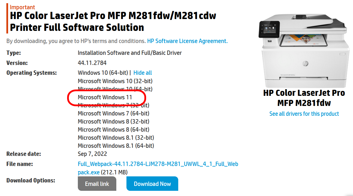 HP Color LaserJet MFP M281fdw Windows 11 drivers - HP Support Community -  8503195