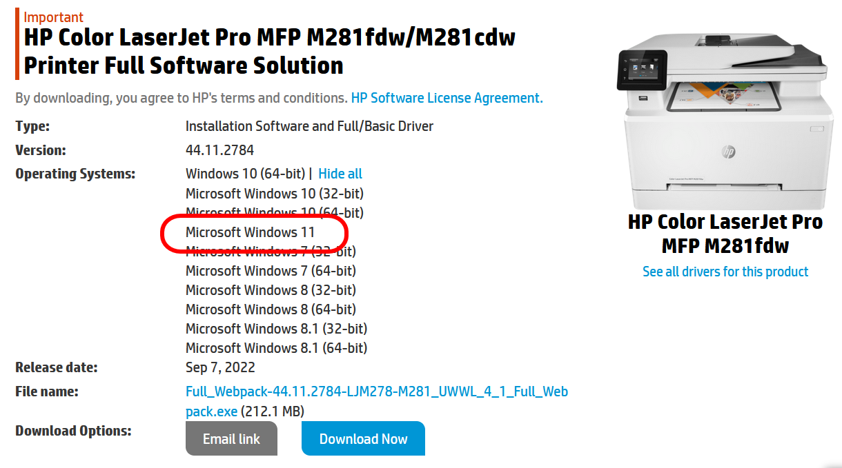 HP Color LaserJet MFP M281fdw Windows 11 drivers HP Support