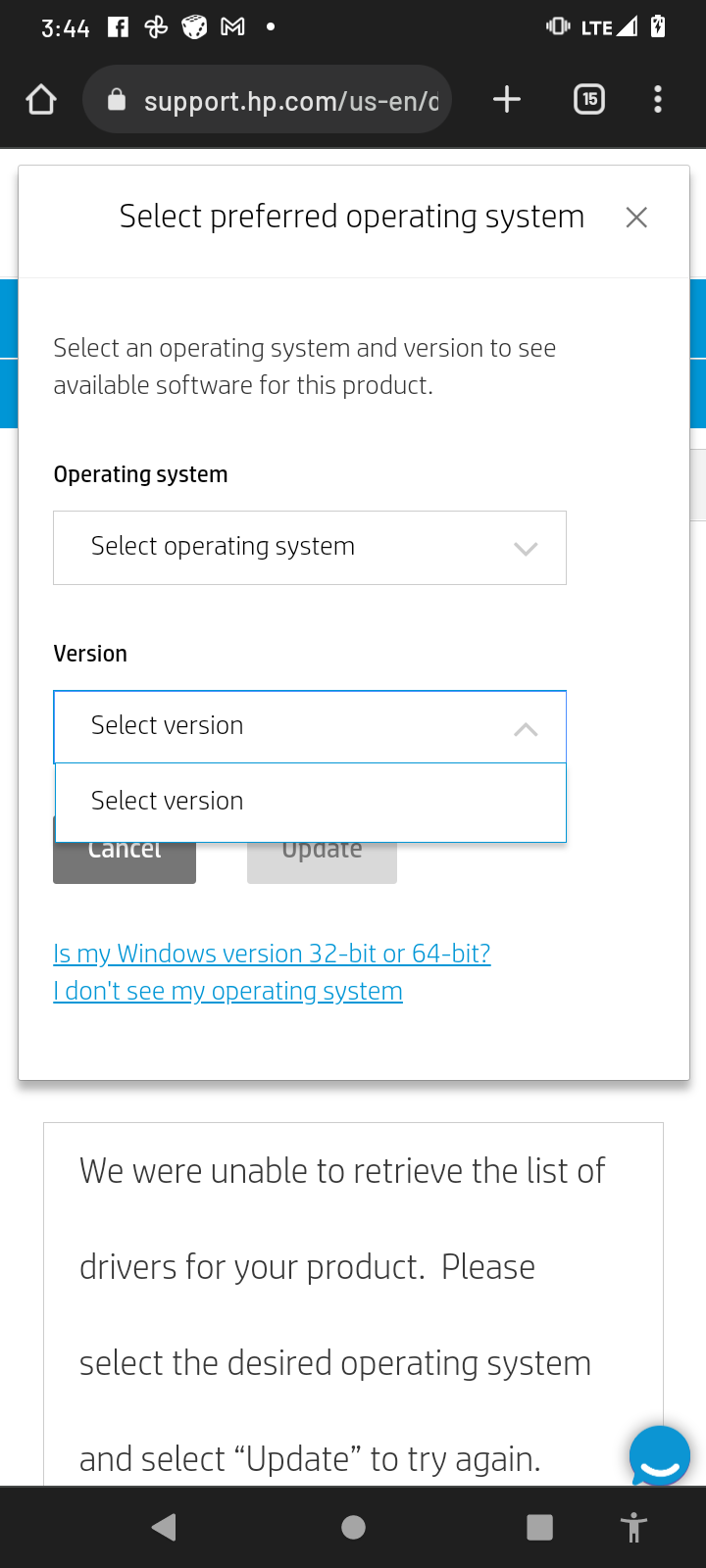 O.S. options in support won't change - HP Support Community - 8543506