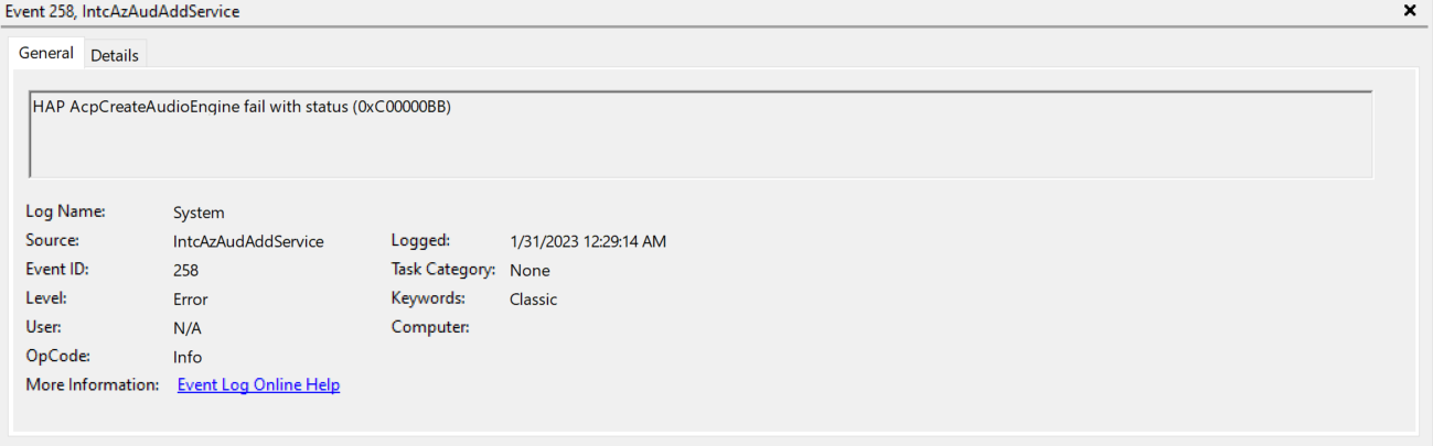 HAP AcpCreateAudioEngine fail with status (0xC00000BB) - HP Support ...