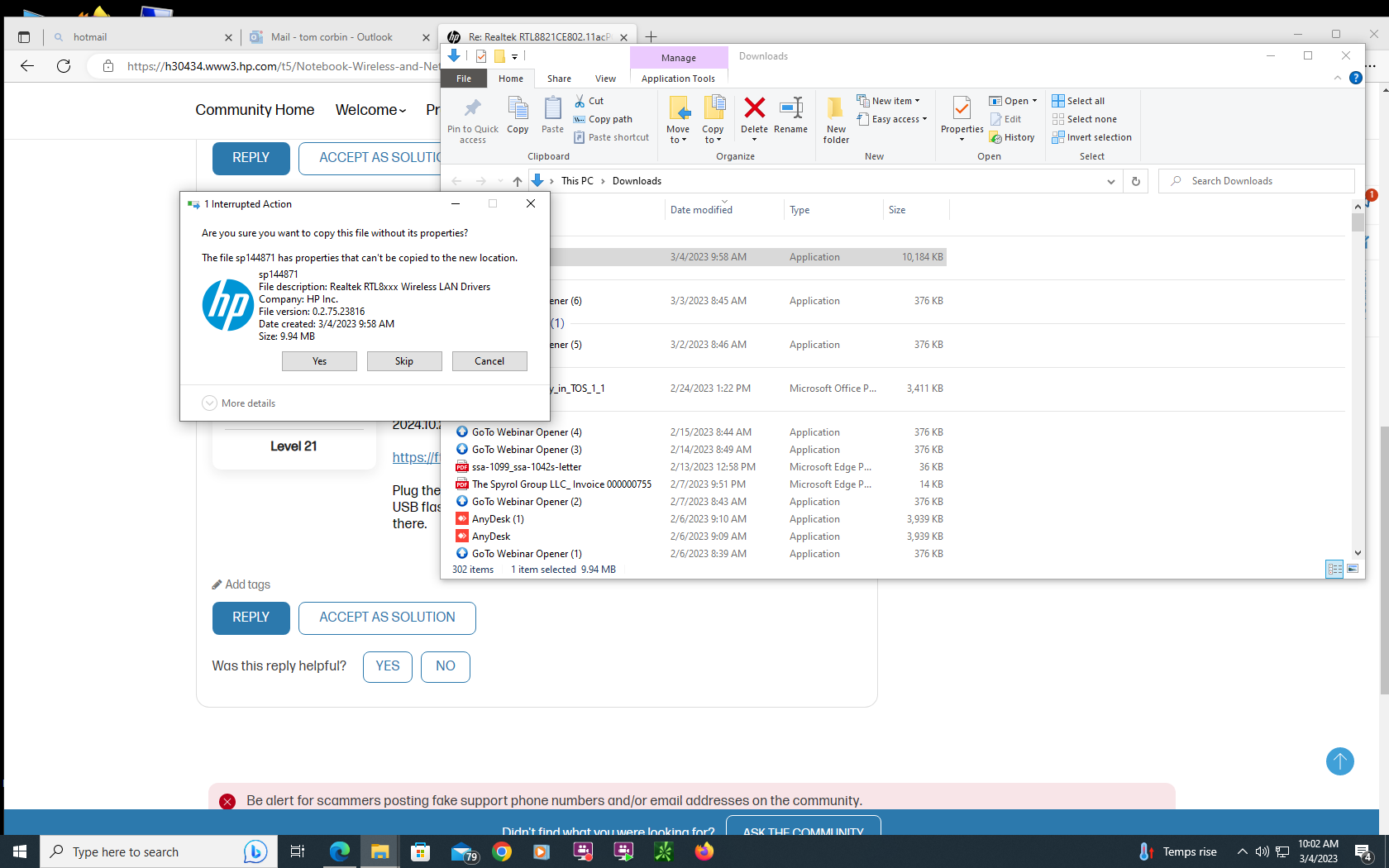 Realtek RTL8821CE802.11acPCIe Adapter is experiencing driver... HP