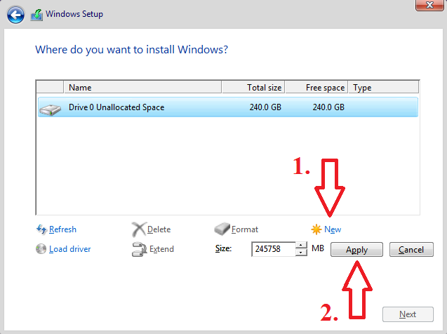 after deleting the partitions, click new  and then apply.