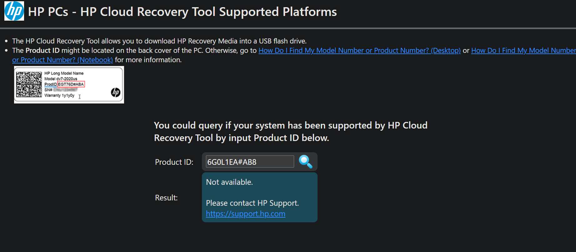 HP Cloud Recovery Tool can't find my product. - HP Support Community -  8871928