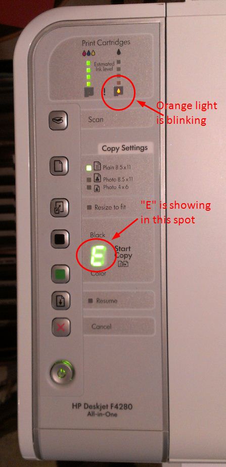 Solved: DeskJet F4280 Orange Blinking Light and "E" in display; refu... - HP  Support Community - 1930901