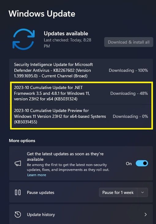 Update to Win 11 23H2 was showing as available but not now