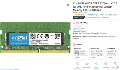 Crucial RAM 8GB DDR4 3200MHz CL22 (or 2933MHz or 2666MHz) Laptop