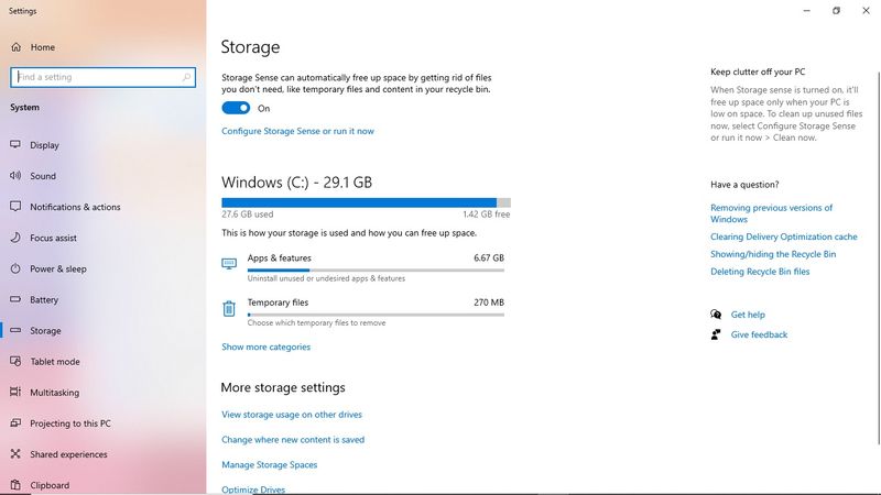Storage Settings Window (full screen)
