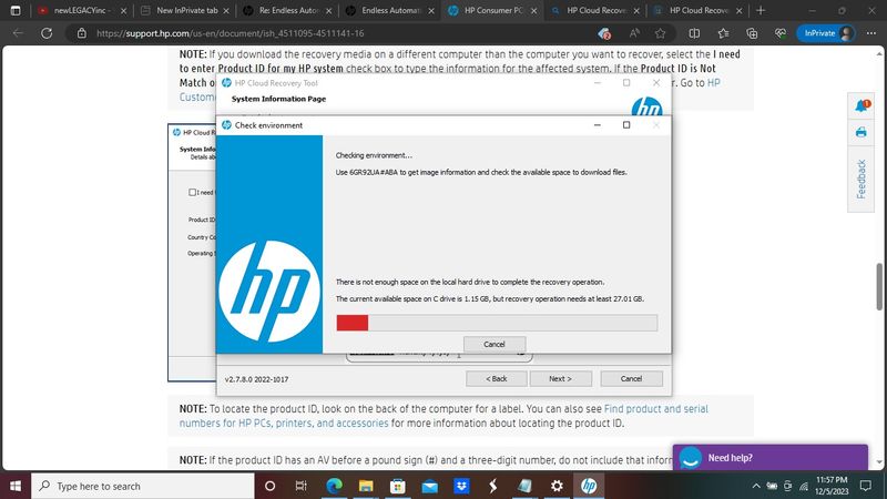 HP Cloud Recovery Tool; at least 27.01GB needed