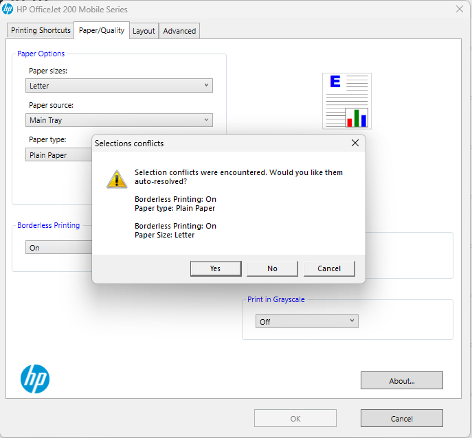 Cannot select borderless printing when set with plain paper ... - HP ...