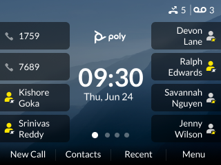 Poly Edge E phone homescreen showing regular and dynamic speed dial entries.