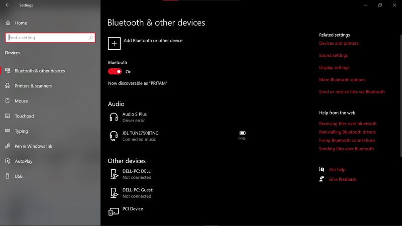 bluetooth device disconnects and shows driver error message.